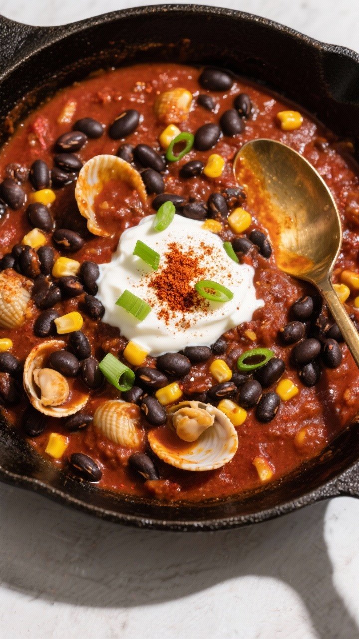 Alternative variation — Southwest vibe presentation: Overhead, top-down shot of a black beans–co