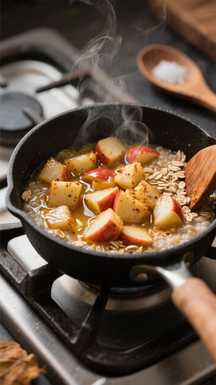 Close-up cooking process: Caramelized apple cinnamon base for oatmeal sizzling in a small matte blac