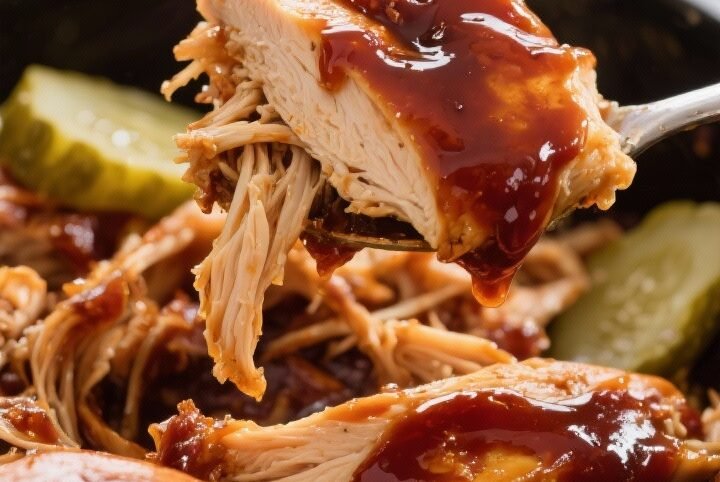 Close-up cooking process shot of BBQ Chicken Sliders in the slow cooker: juicy, fully cooked chicken