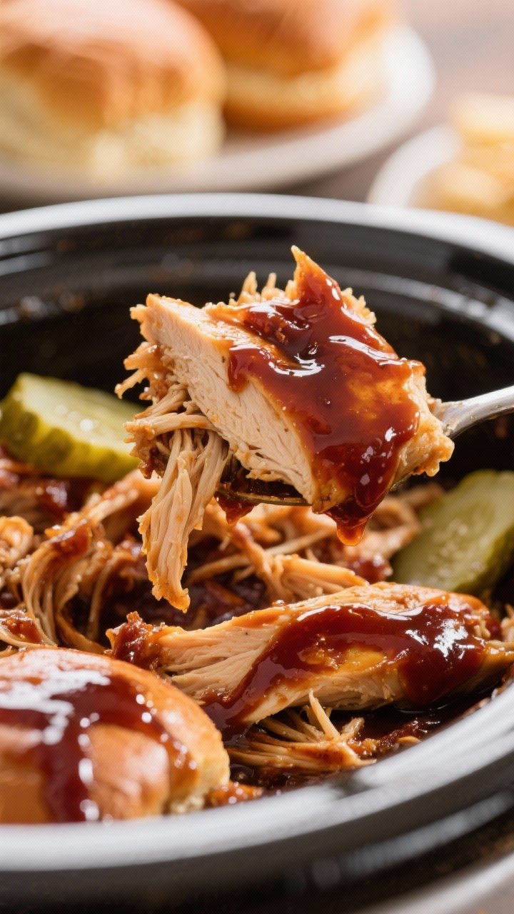 Close-up cooking process shot of BBQ Chicken Sliders in the slow cooker: juicy, fully cooked chicken