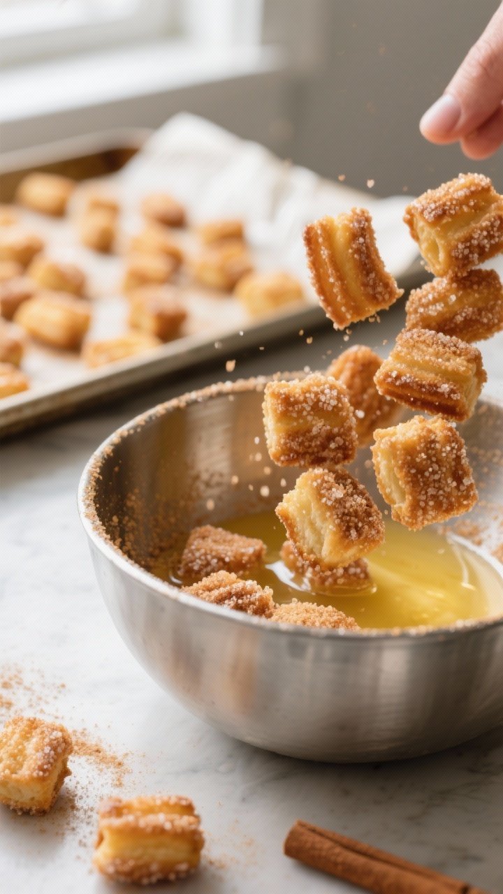 Close-up detail and process: Freshly baked churro bites being tossed in a large metal bowl with melt