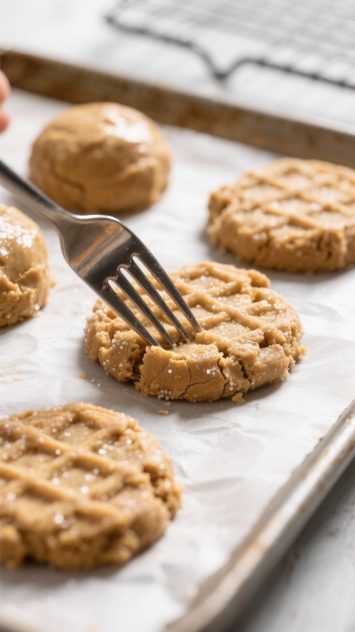 Close-up detail and process: Peanut butter cookie dough balls just flattened with a fork into a cris