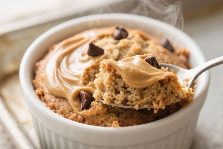 Close-up detail/cooking process: A single-serve ramekin of banana bread baked oats just out of the o