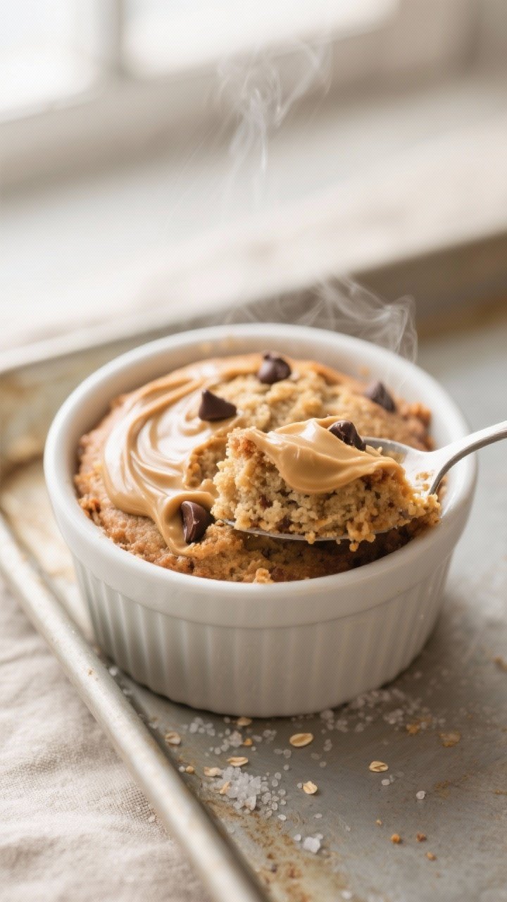Close-up detail/cooking process: A single-serve ramekin of banana bread baked oats just out of the o