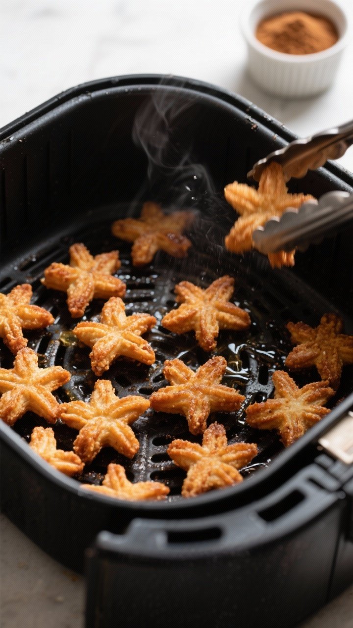 Close-up detail, cooking process: Air fryer basket at 375°F filled with small, piped star-tipped ch