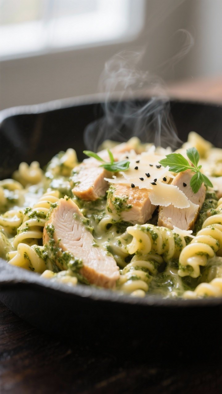 Close-up detail: Creamy Pesto Chicken Pasta just tossed in the skillet—al dente rotini coated in g