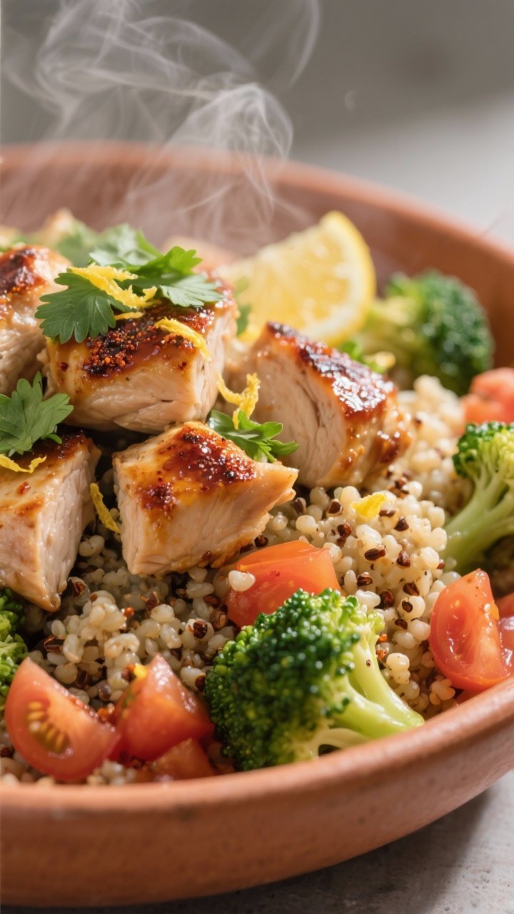 Close-up detail: Glazed bites of pressure-cooked chicken with fluffy quinoa, smoky paprika and cumin