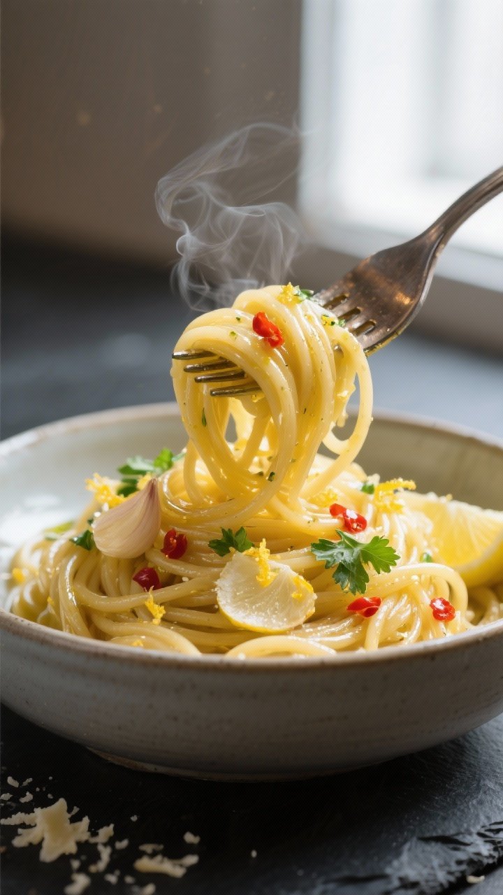 Close-up detail: Glossy aglio e olio spaghetti twirled on a fork over a shallow bowl, showing gliste