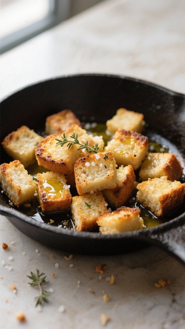 Close-up detail: Golden toasted panzanella croutons in a skillet just off the heat, edges crisp and 