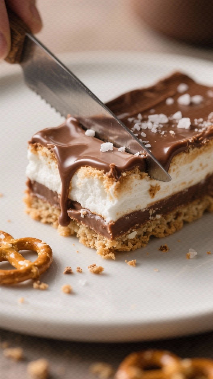 Close-up detail of a single sliced S’more Bar being cut with a lightly oiled knife, gooey stretch