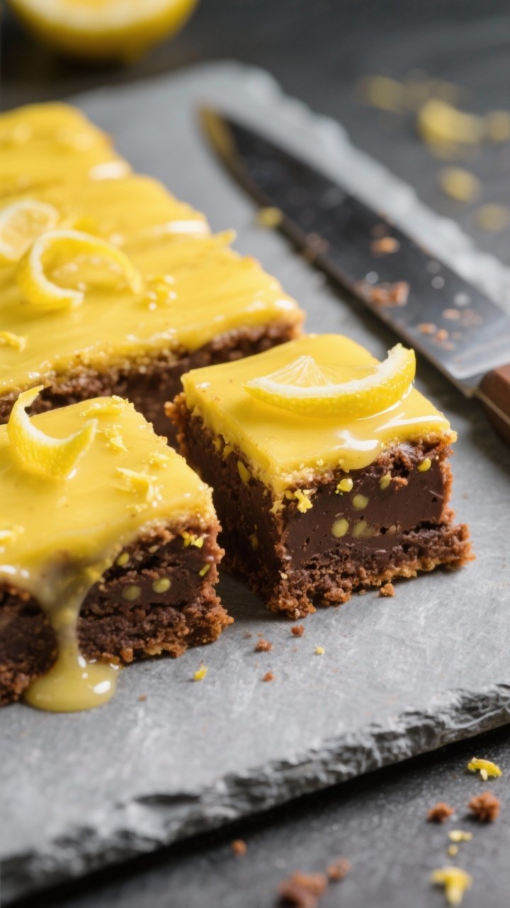Close-up detail shot of freshly sliced Lemon Brownie Bars with glossy lemon glaze set and gleaming,