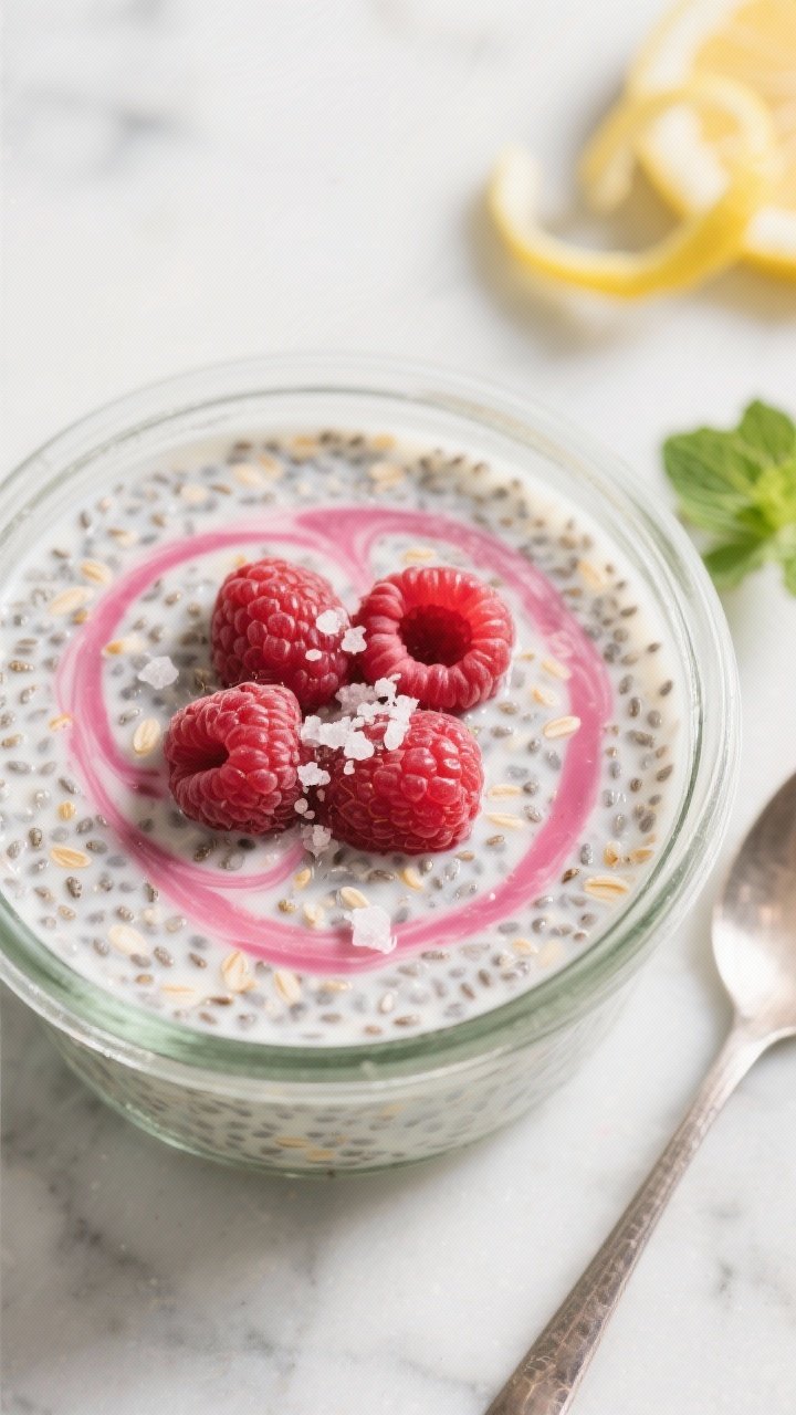 Close-up detail shot: Raspberry chia pudding mid-prep after the crucial second stir, showing hydrate