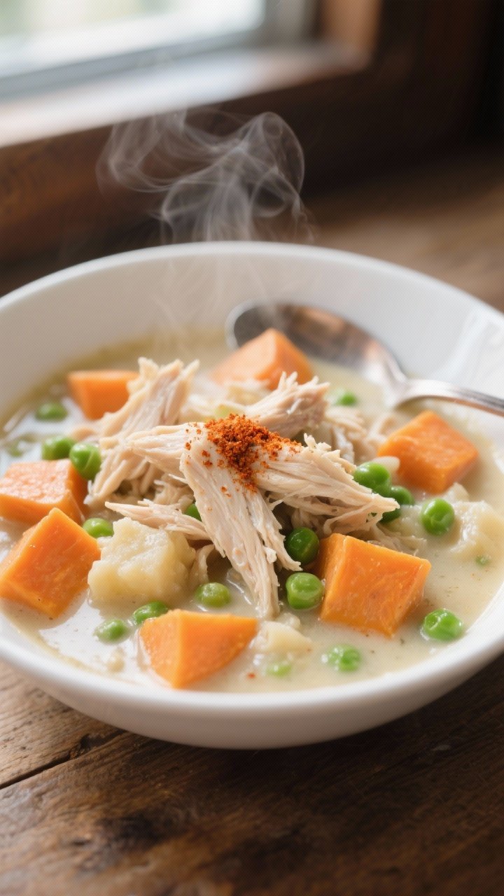Close-up detail: Shredded chicken and tender veggies from the Chicken & Veggie Comfort Stew, glisten