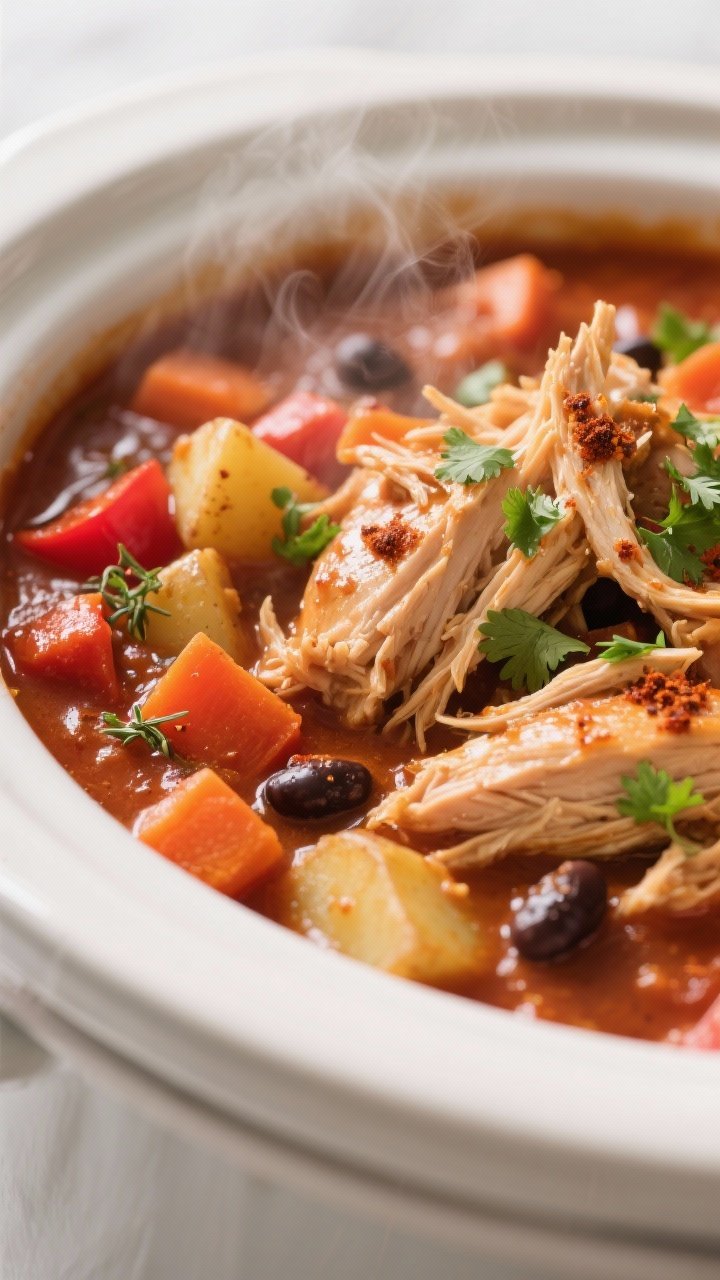 Close-up detail: Shredded chicken thigh stew in a crockpot just after shredding, glossy tomato-based