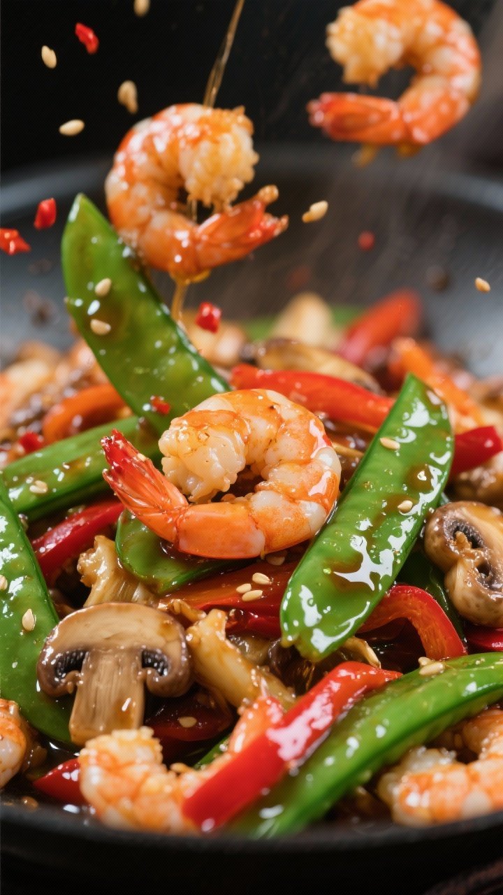 Close-up detail: Shrimp and snap pea stir-fry mid-toss, sauce just thickened to a mirror-like gloss 