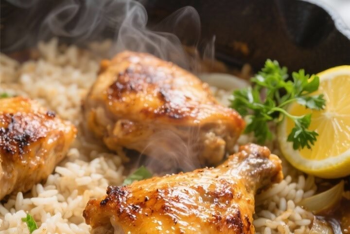 Close-up detail: Sizzling one-pan chicken thighs with rice mid-simmer, golden-crisp chicken skin gli