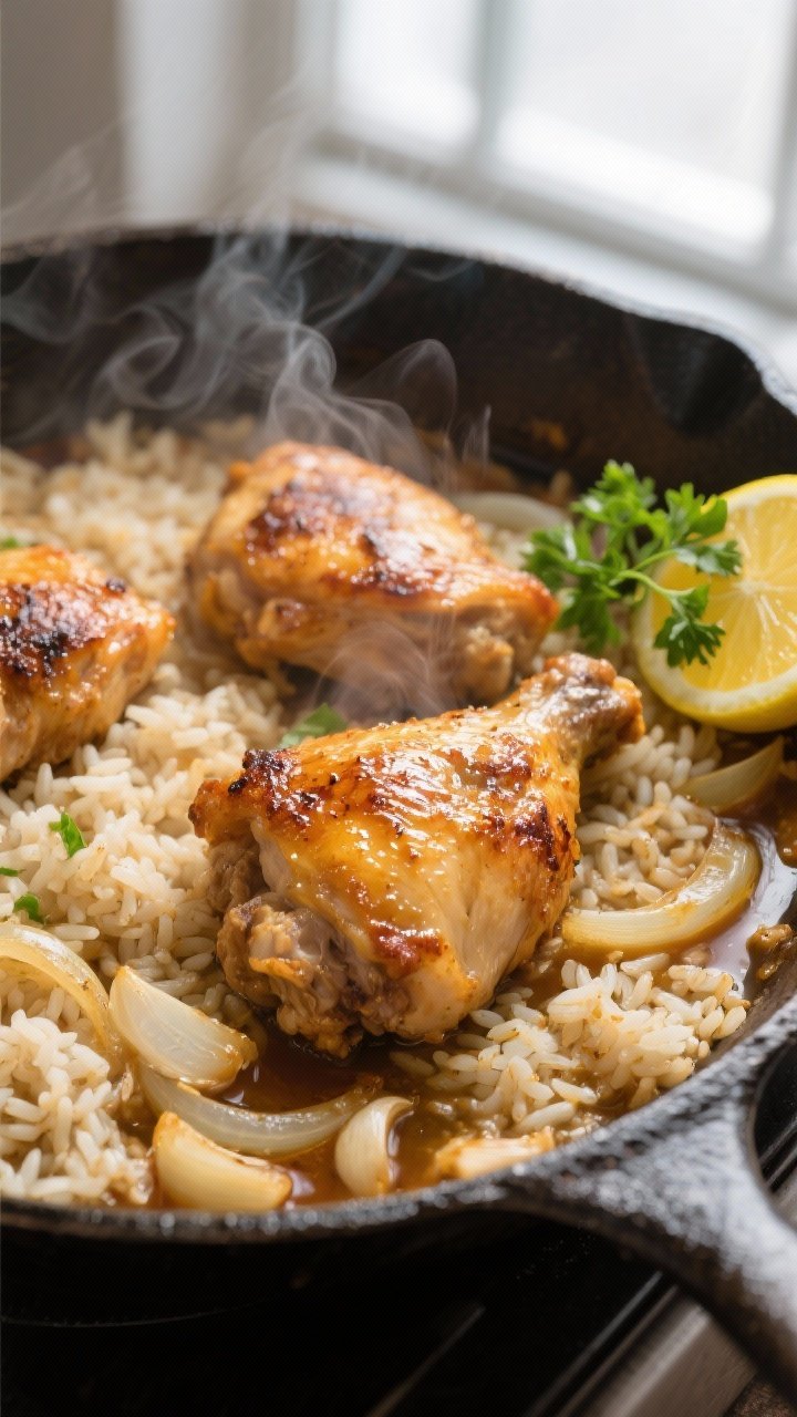Close-up detail: Sizzling one-pan chicken thighs with rice mid-simmer, golden-crisp chicken skin gli
