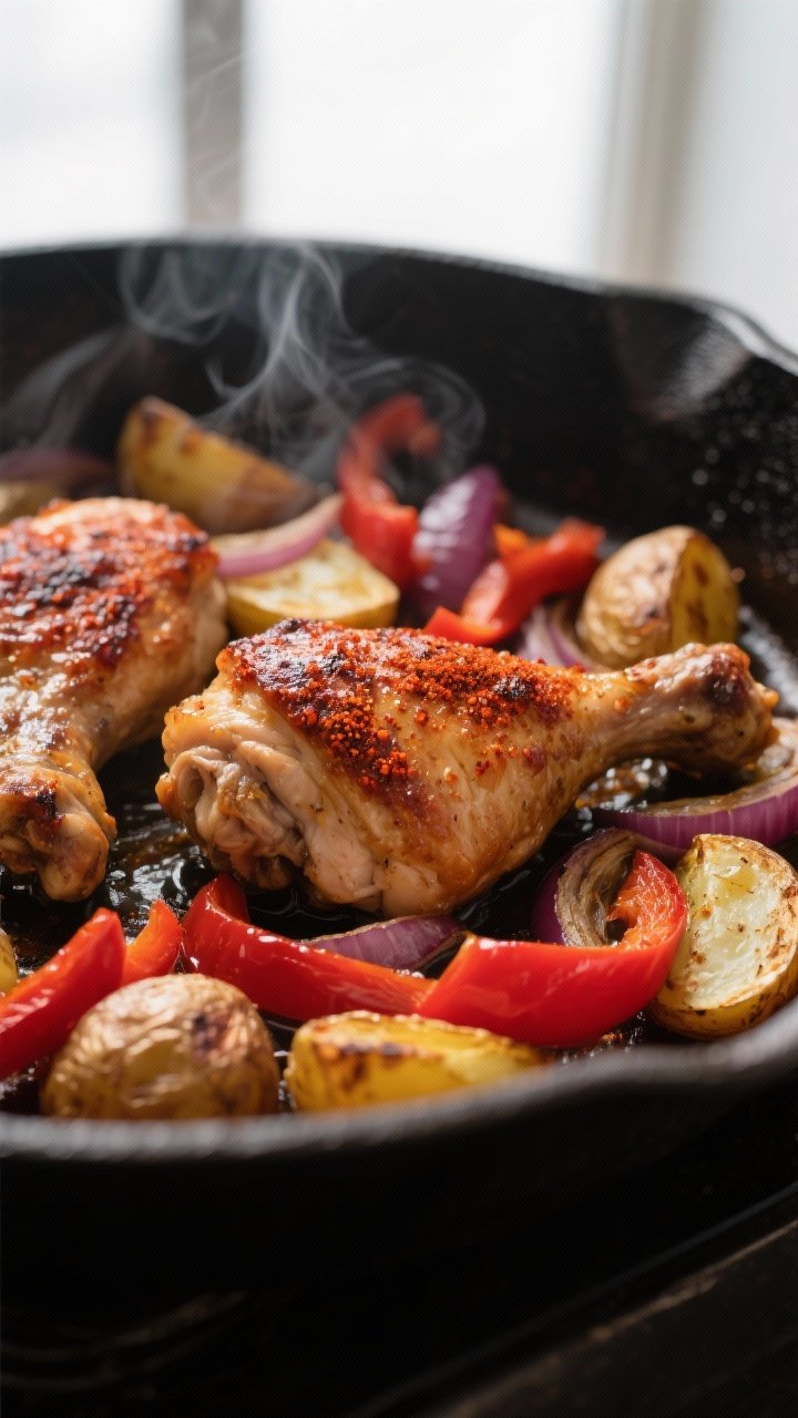 Close-up detail: Sizzling smoky paprika chicken thighs nestled over roasted baby potatoes, red bell