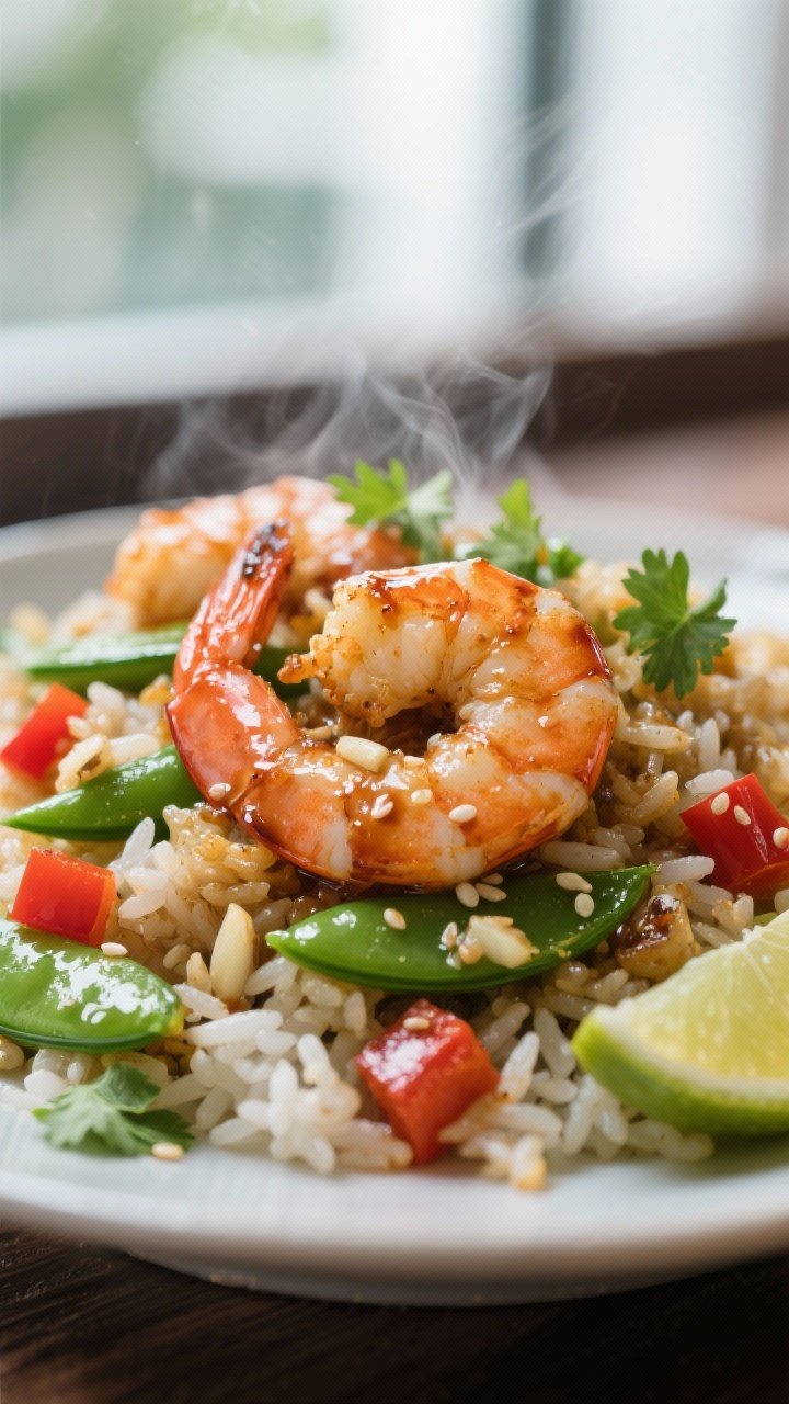 Close-up detail: Sizzling tamari garlic shrimp nestled back into veggie fried rice—juicy shrimp la
