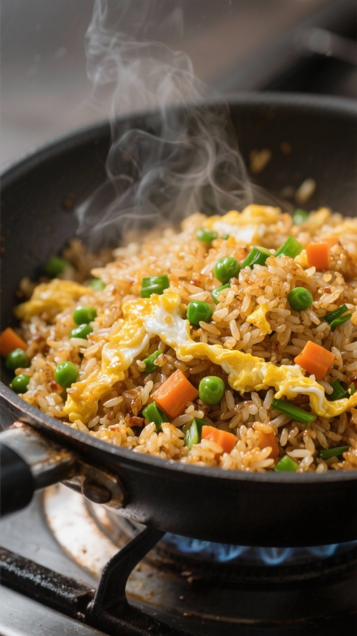Close-up detail: Sizzling veggie fried rice in a carbon-steel skillet, golden-browned day-old rice w