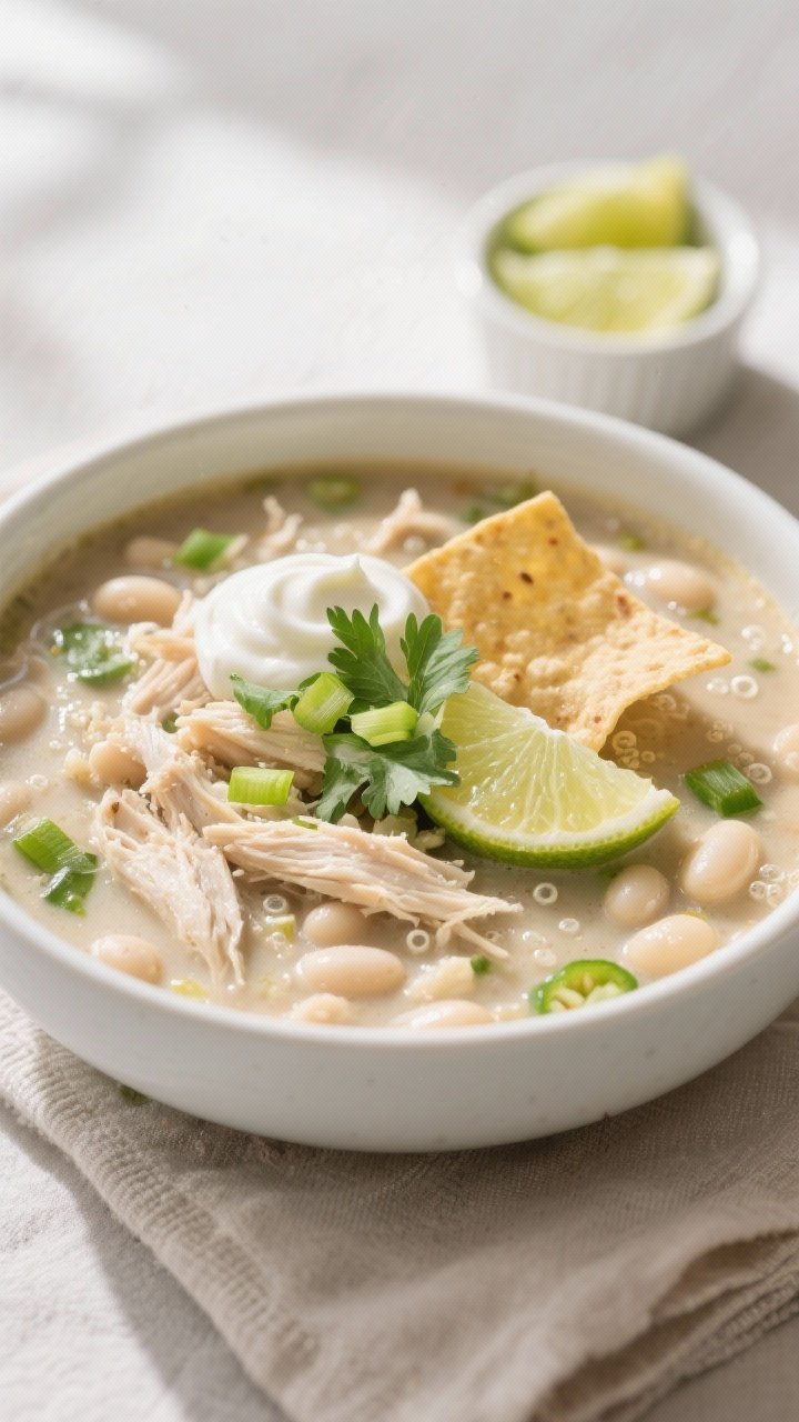 Close-up, final plated White Chicken Chili in a wide, matte-white bowl: creamy broth with shredded c