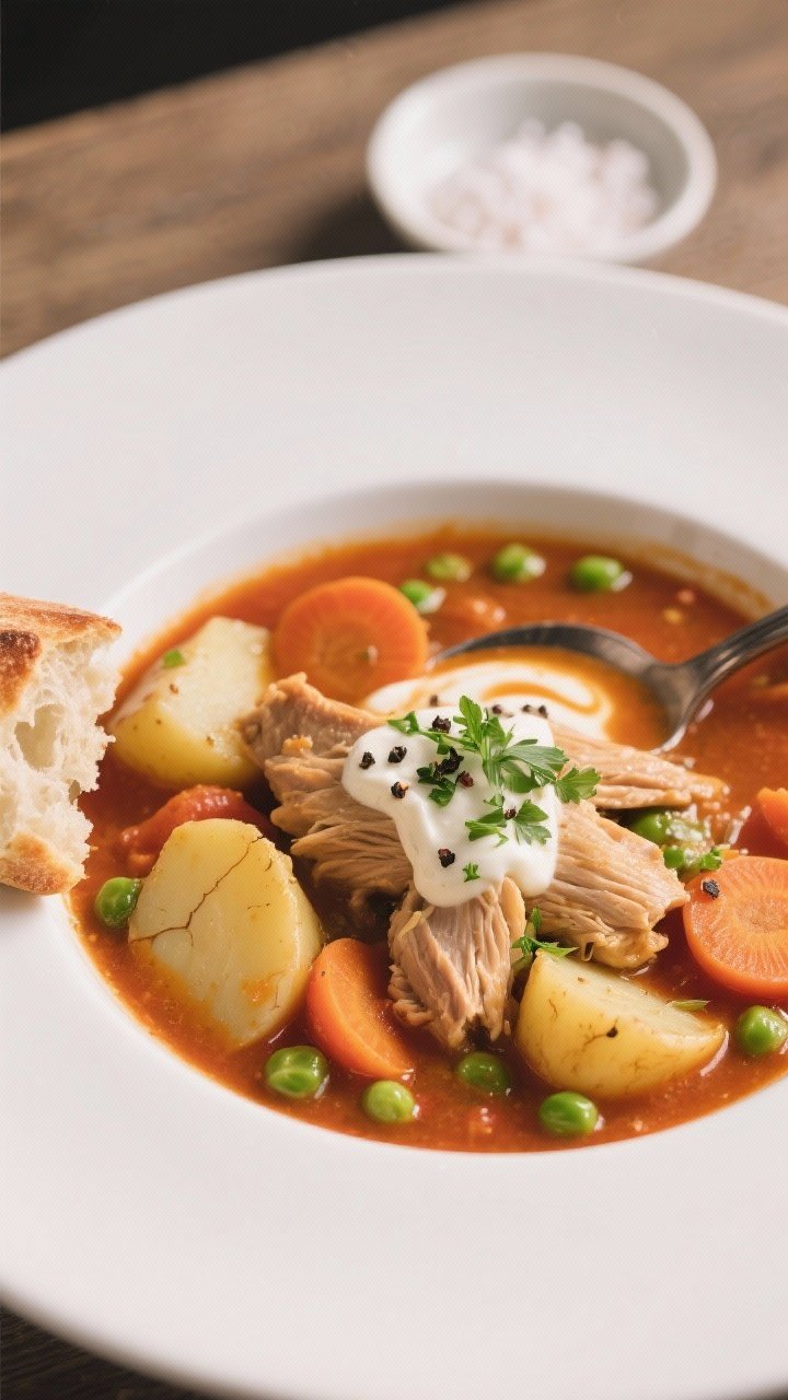 Close-up final plating of the chicken stew in a wide, shallow white bowl: succulent strands of thigh