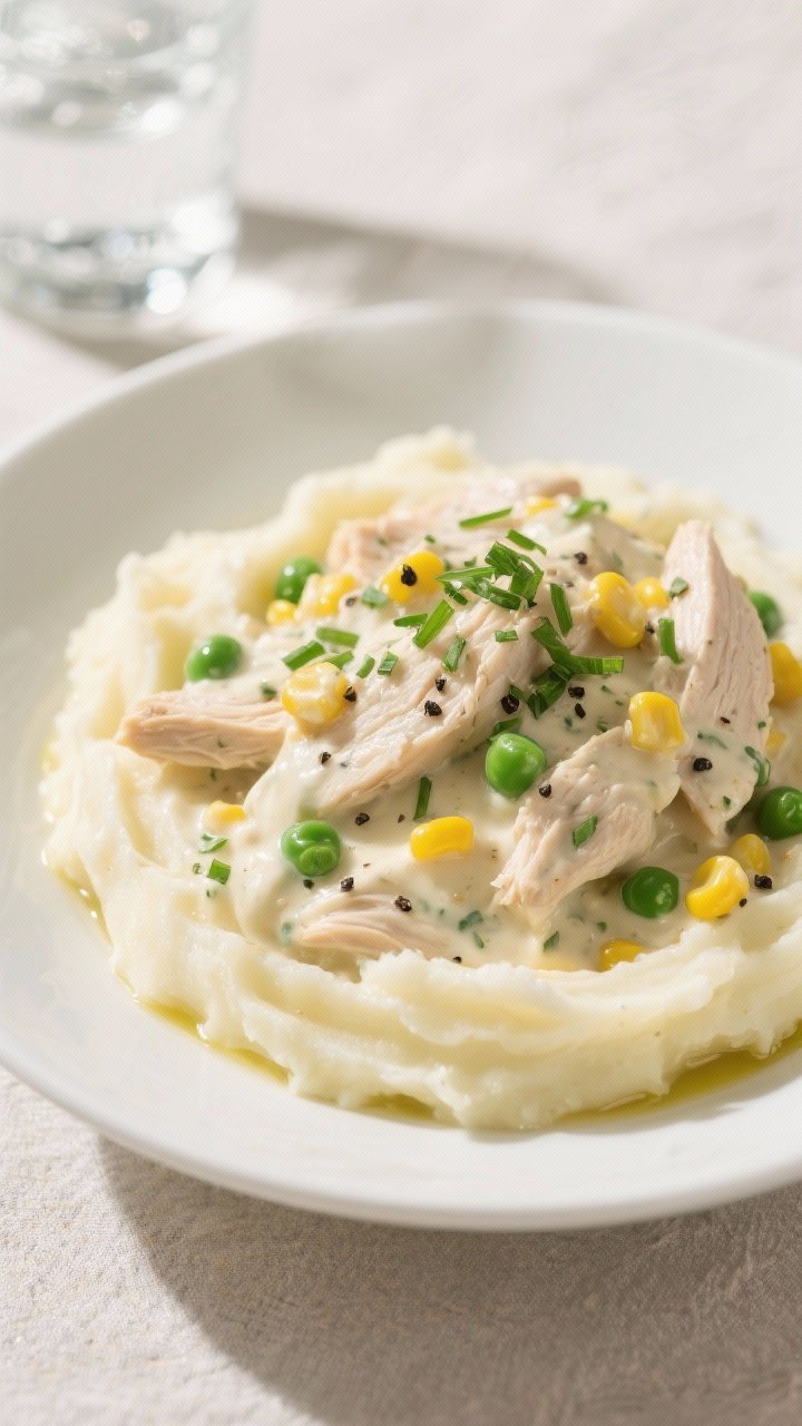Close-up of Creamy Ranch Chicken plated over buttery mashed potatoes in a wide, shallow white bowl: 