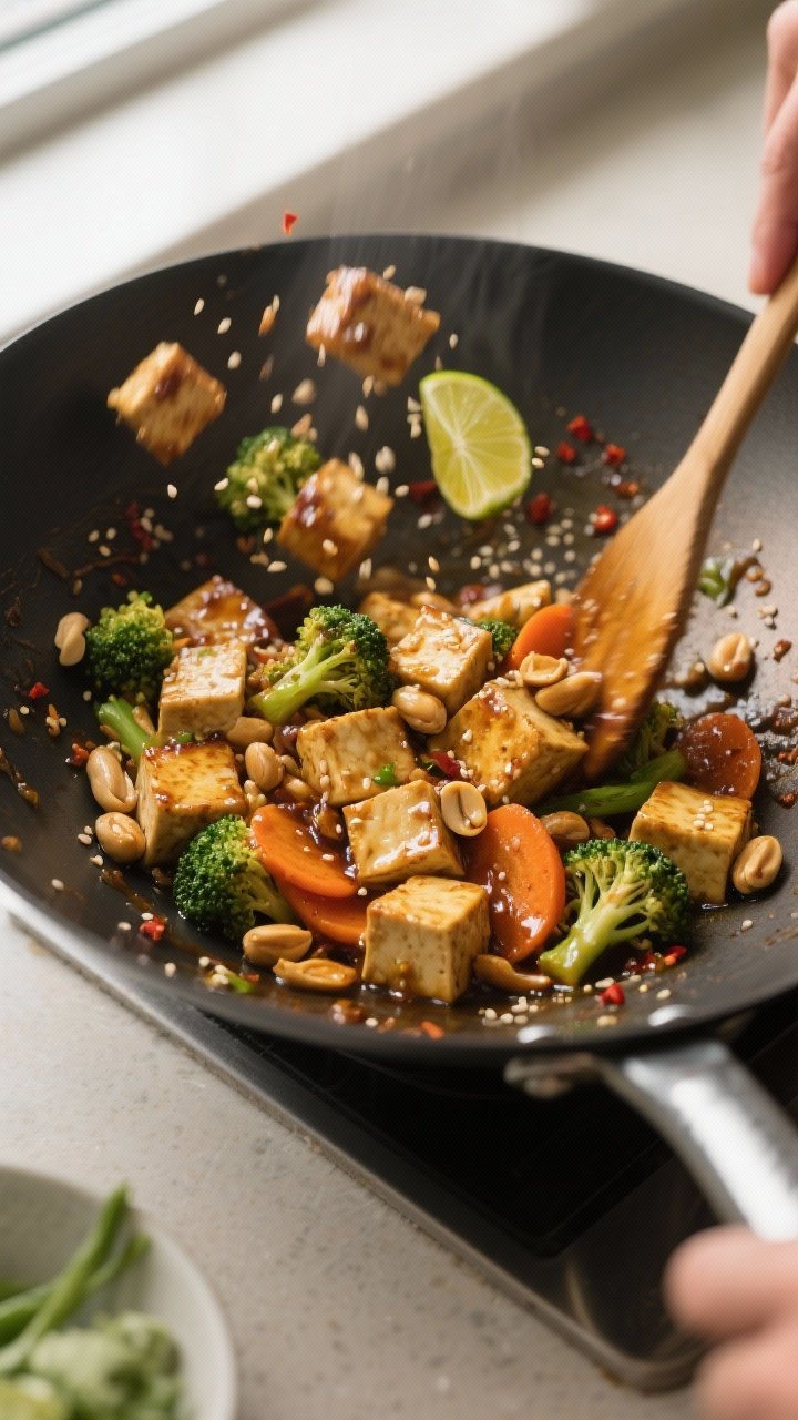 Cooking process action: Tofu peanut stir-fry being tossed in a wok—golden pan-seared tofu cubes, r