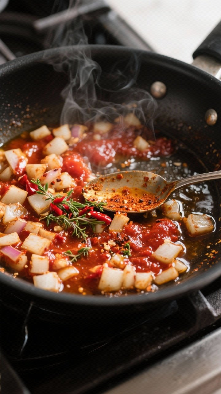 Cooking process — Blooming spices in action: A shallow, angled close-up of a simmering skillet wit