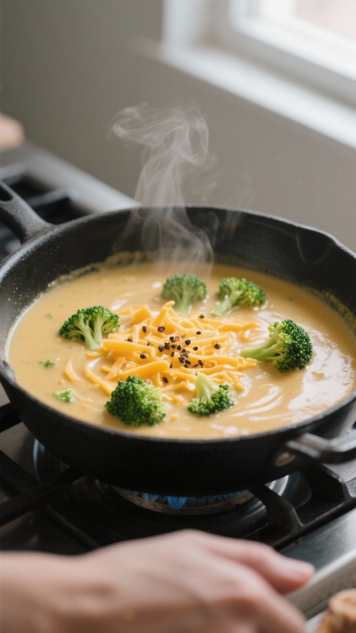 Cooking process close-up: A heavy pot on the stove with the broccoli cheddar soup mid-simmer right a