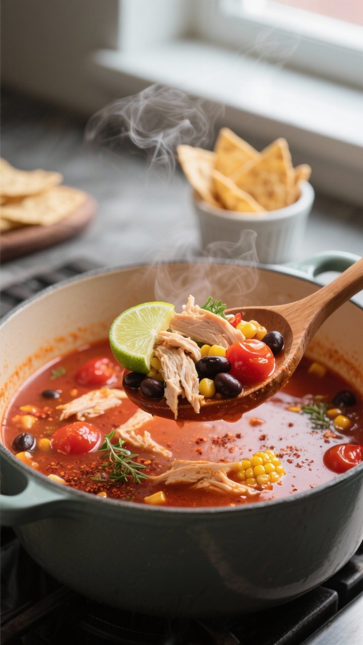 Cooking process close-up: A steaming pot of chicken tortilla soup at a gentle simmer, showing glossy