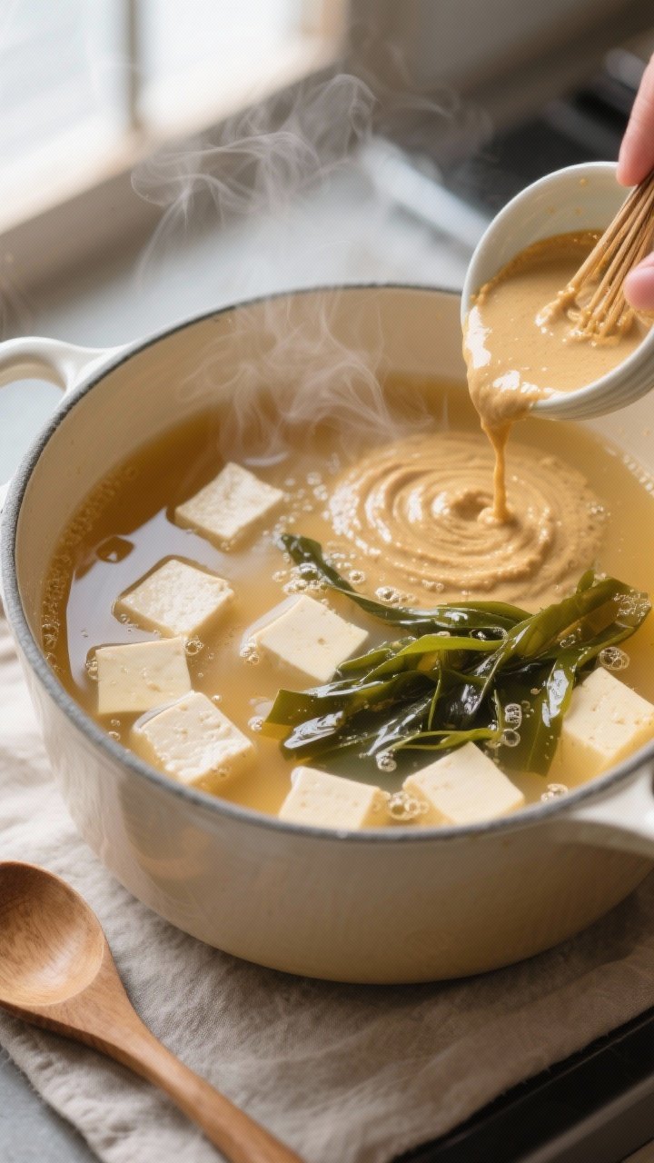 Cooking process, close-up detail: A gentle simmering pot of clear golden dashi with tender tofu cube