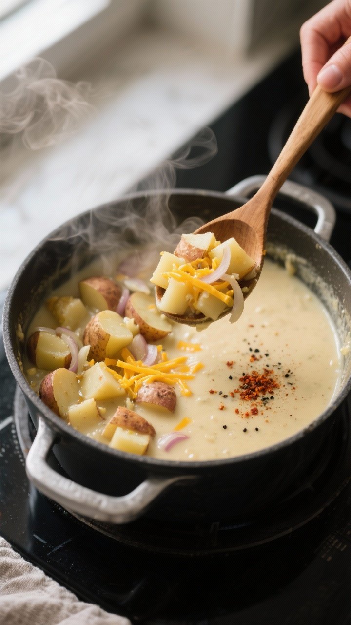 Cooking process, close-up detail: A heavy pot on the stovetop with simmering loaded potato soup mid-