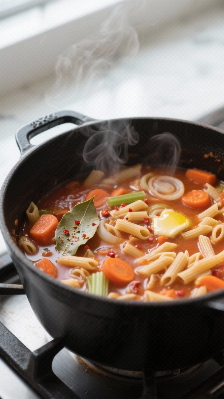Cooking process, close-up detail: A large matte-black Dutch oven at a lively simmer, showing short d