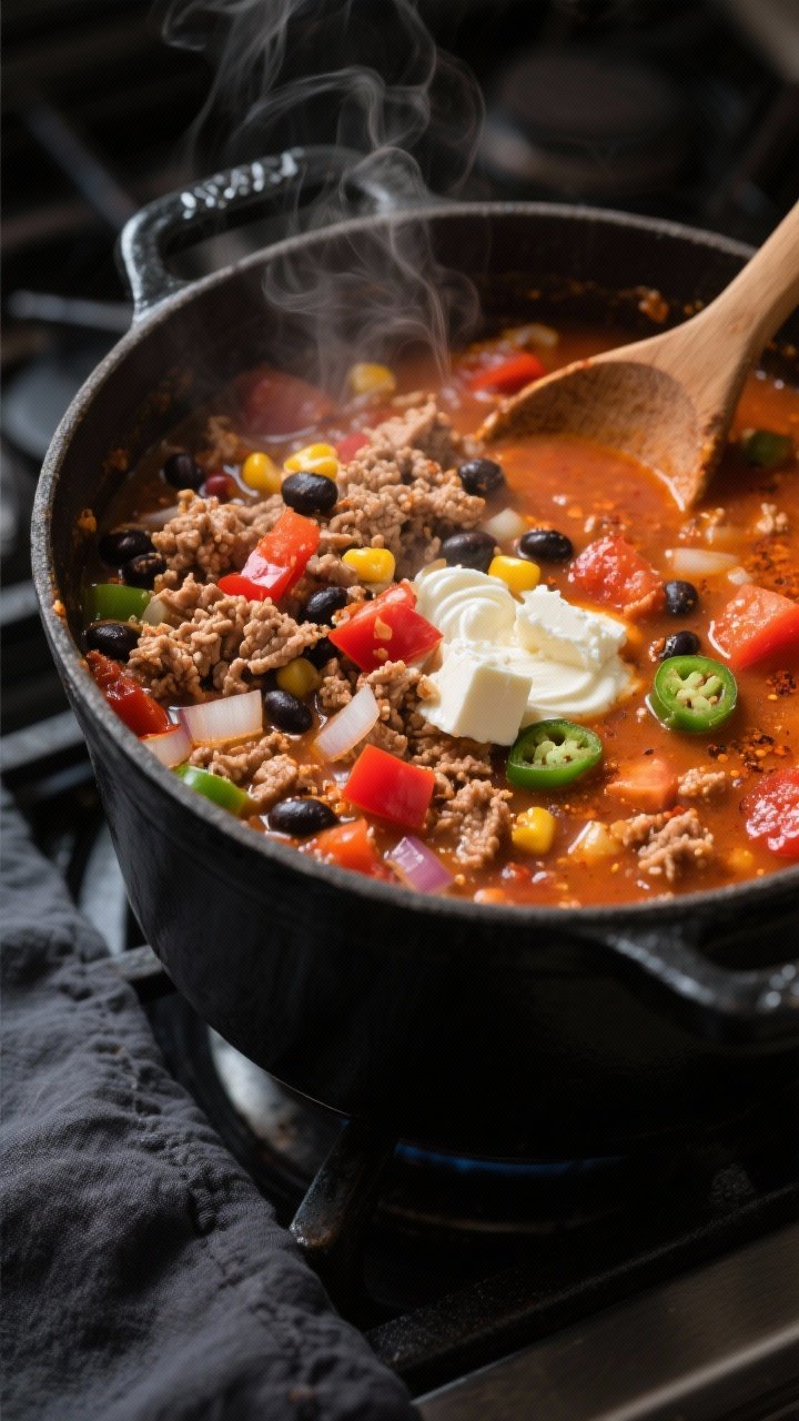 Cooking process, close-up detail: A steamy, one-pot taco soup mid-simmer in a matte black Dutch oven