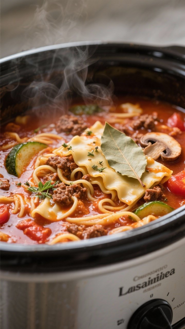 Cooking process, close-up detail: A steamy, rich Crockpot Lasagna Soup mid-cook inside a slow cooker