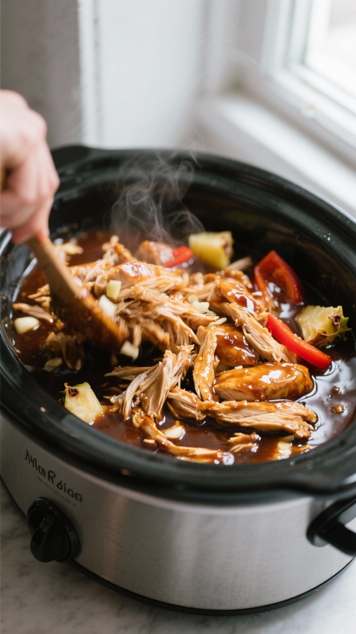 Cooking process, close-up detail: Shredded slow-cooker teriyaki chicken being tossed back into a glo