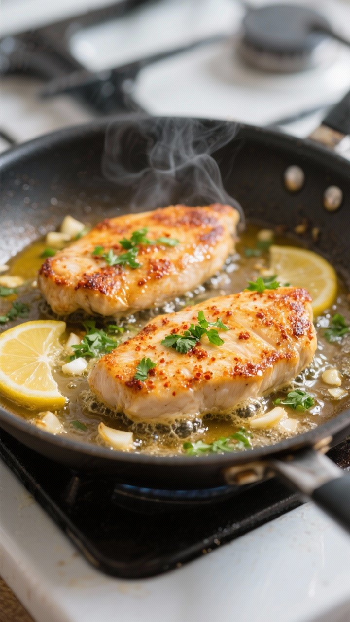 Cooking process, close-up detail: Sizzling Lemon-Garlic Skillet Cutlets mid-cook in a hot stainless 