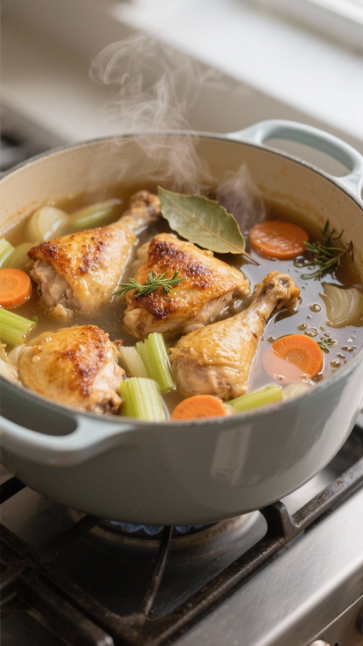 Cooking process close-up: Golden-browned bone-in chicken thighs nestled in a simmering pot of rich c