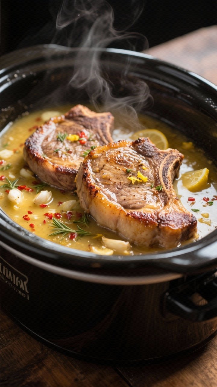 Cooking process close-up: Golden-seared pork chops nestled in a slow cooker, bathed in a simmering b