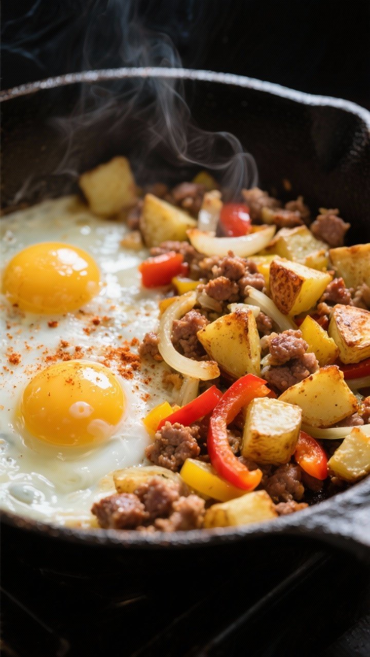 Cooking process, close-up: In-pan close-up of the breakfast crambler mid-cook in a seasoned cast-iro