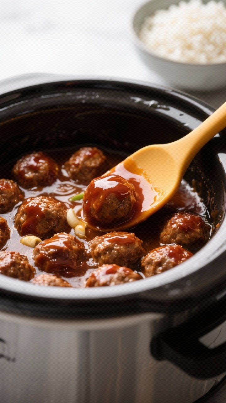 Cooking process: Honey-Garlic Meatballs simmering in the slow cooker; mini sausage meatballs lacquer