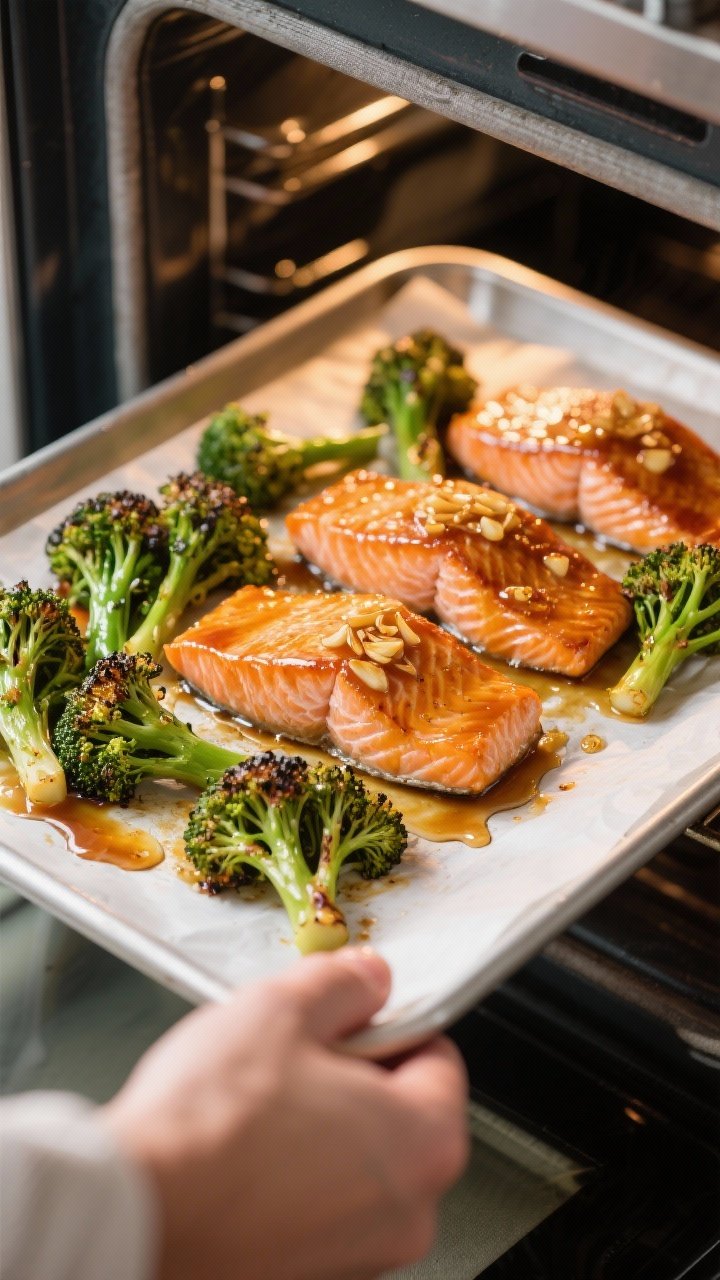 Cooking process: Honey-Garlic Salmon & Broccolini roasting on a parchment-lined sheet pan—salmon f