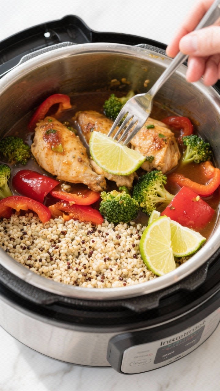 Cooking process: Instant Pot just opened after quick release, interior showing layered cooked quinoa