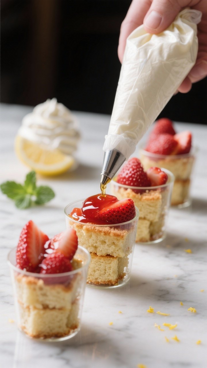 Cooking process — Layering the cups: Clear 6–8 oz glass cups lined up on a clean marble surface,