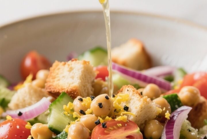 Cooking process: Mediterranean chickpea panzanella being tossed in a large bowl—prepared chickpeas
