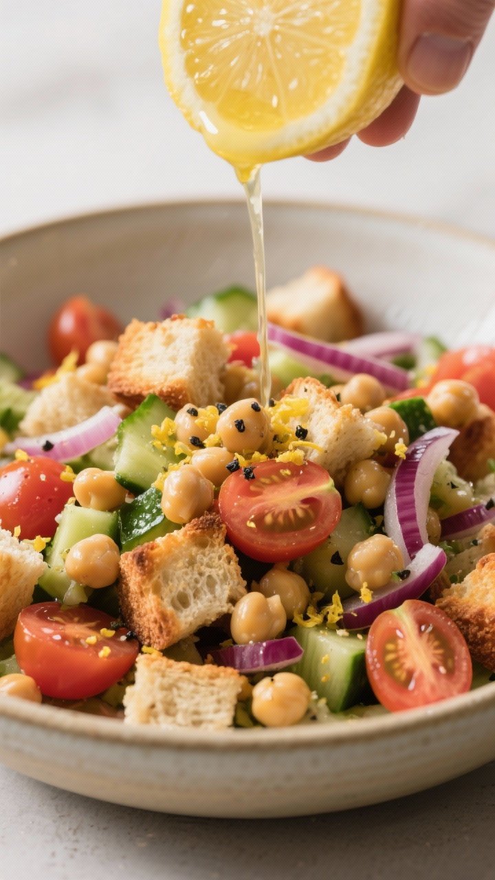 Cooking process: Mediterranean chickpea panzanella being tossed in a large bowl—prepared chickpeas