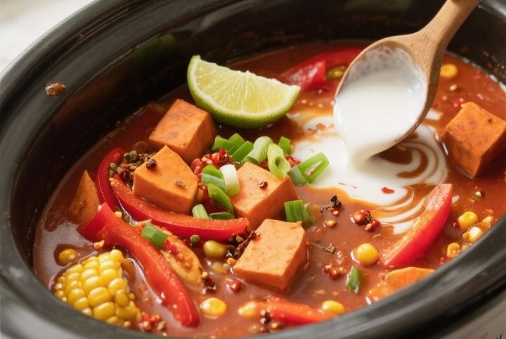 Cooking process: Overhead shot of the “Coconut Curry” variation in the slow cooker near the end,