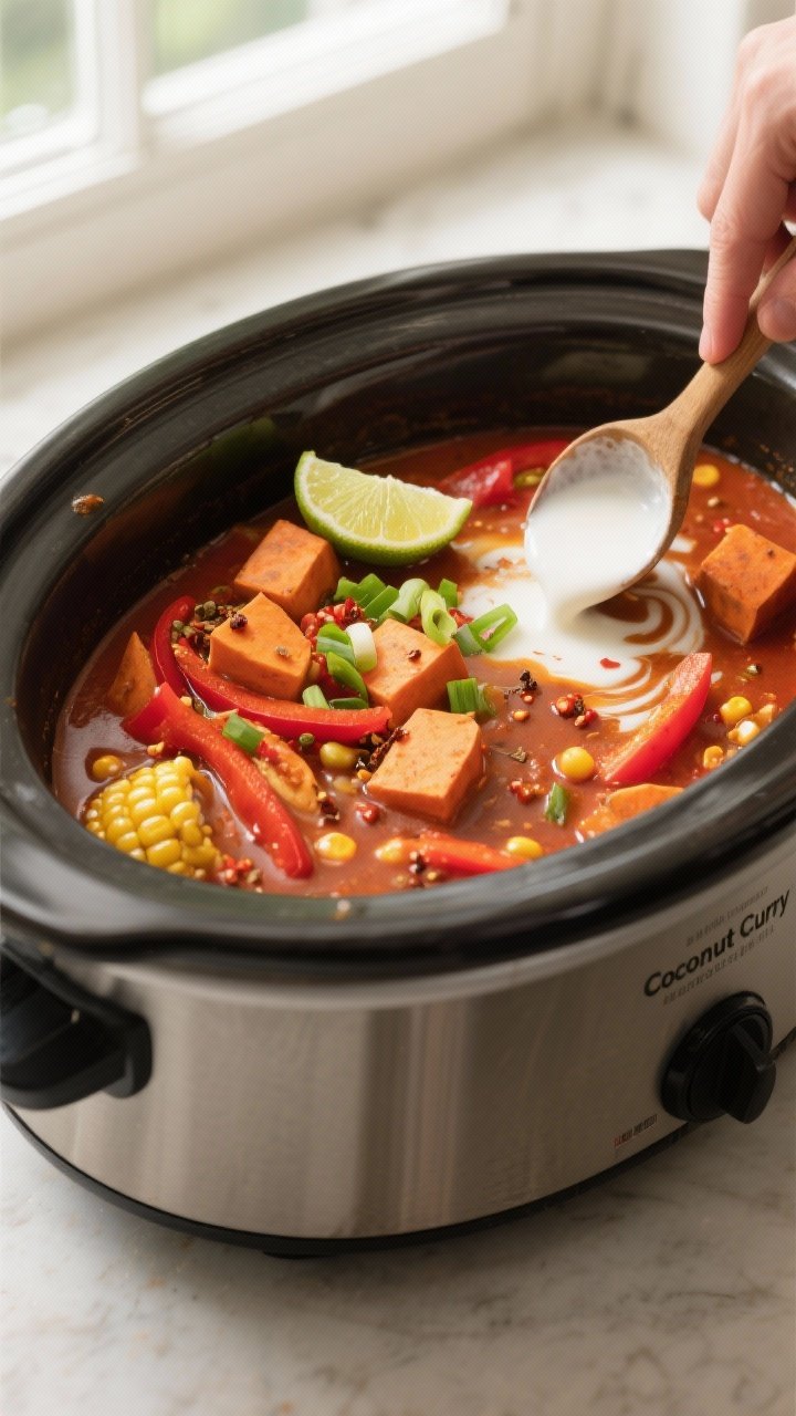 Cooking process: Overhead shot of the “Coconut Curry” variation in the slow cooker near the end,