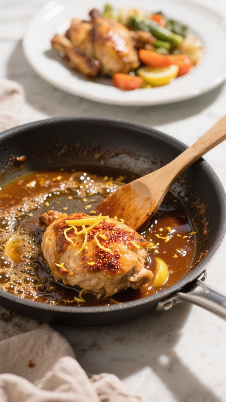 Cooking process: Overhead shot of the pan sauce being built in the same skillet—broth, Dijon, soy,